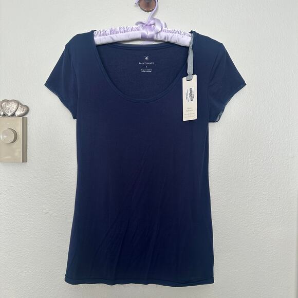 NWT Saint Haven Women's S Navy Blue Perfect Fit Scoop Neck Tshirt Short Sleeve - Picture 2 of 6